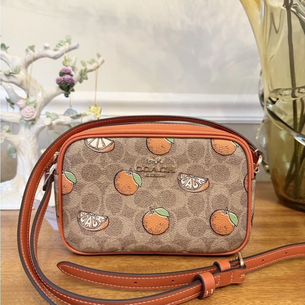 Coach Mini Jamie Camera Bag In Signature Canvas With Orange Print NWT  Authentic